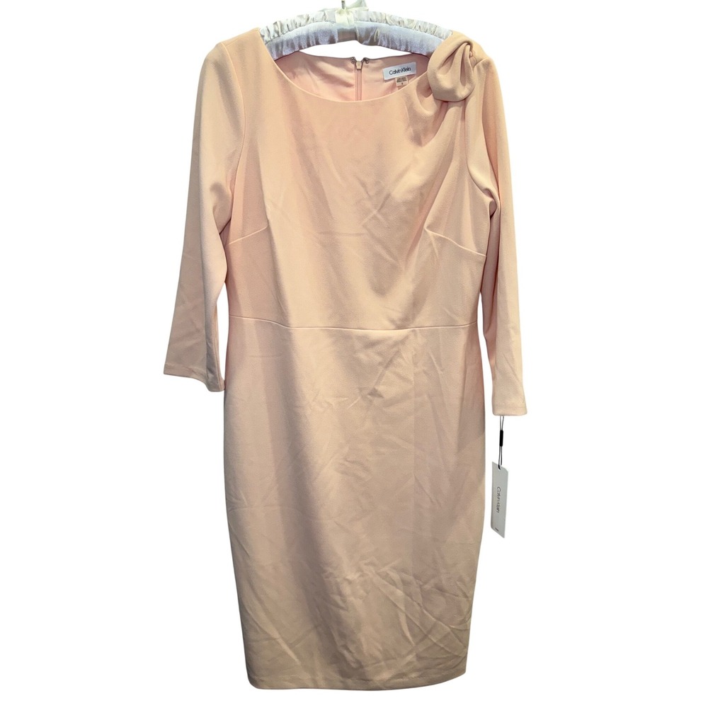 Calvin Klein Womens Peach Bow Shoulder Sheath Dress 3/4 Sleeve Size 12 NWT